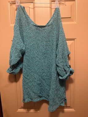 Women's Teal Open-Weave Button Tab Sleeve Sweater